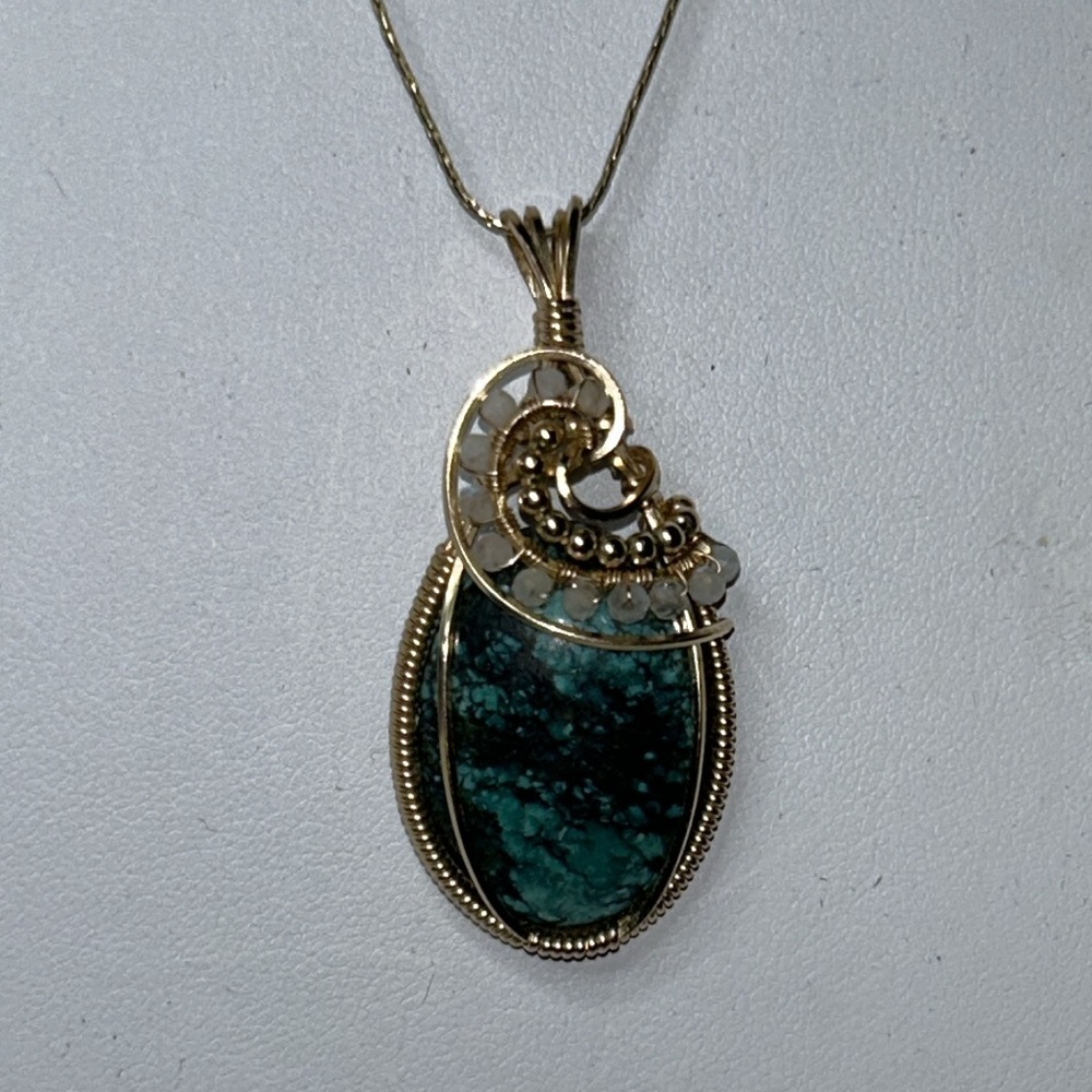 Artisan Unique 14K GP Moonstone Pendant w/Blue-Green & Black Gemstone by SOLRAYZ
